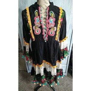 Love Positano Fringed Embroidered Flared Sleeve Dress Boho Cottage Core Feminine